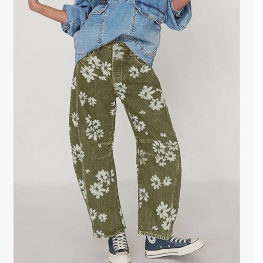 NWT Boho Floral Printed Jeans - Moss Green